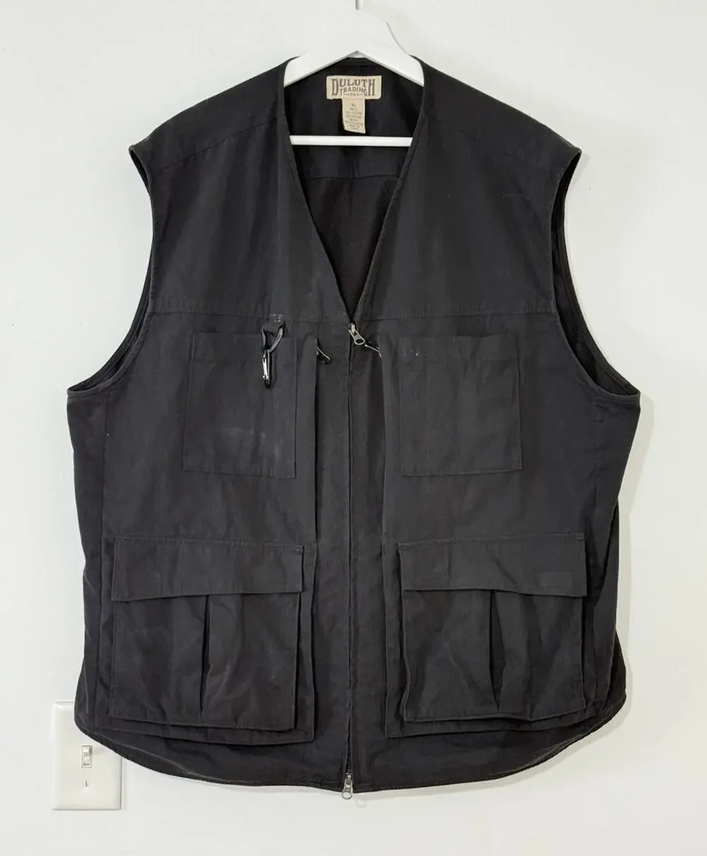 Duluth Trading Co Mens Vest Black Fishing Cargo Utility Pockets Workwear Size XL